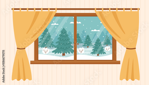 Winter banner. Sustainable Christmas concept. Winter landscape through the window of the room. Christmas background.