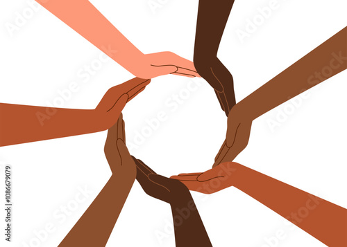 A circle from people hands of different skin tone. The concept of friendship, equality, racial diversity, inclusivity.	
