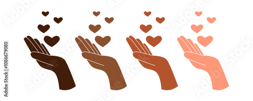 Human hands of different skin tones holding hearts isolated on white background. The concept of friendship, peace, equality, racial diversity, inclusivity. 