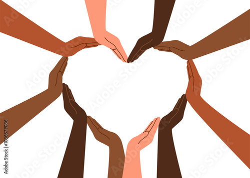 A heart from the hands of people of different skin tones. The concept of friendship, peace and equality, racial diversity, inclusivity.