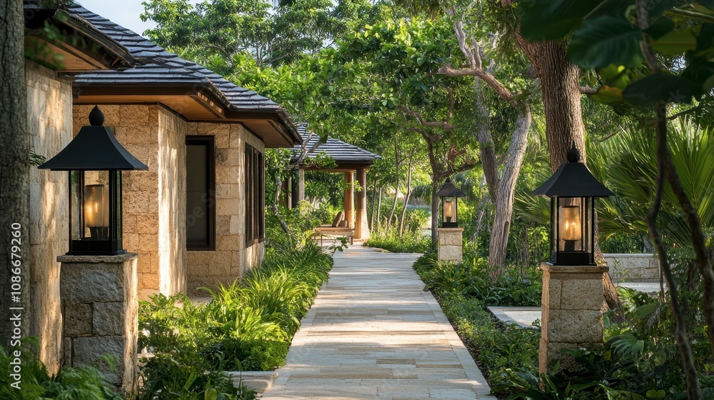 Serene Pathway Surrounded by Lush Greenery and Elegant Lanterns Leading to Charming Residential Homes in Tranquil Nature Setting Serene Pathway Surrounded by Lush Greenery and Elegant Lanterns Leading to Charming Residential Homes in Tranquil Nature Setting