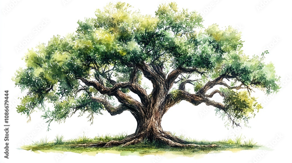 Watercolor illustration of an ancient tree with lush branches and leaves isolated on a white background