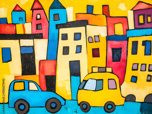 Colorful abstract cityscape with cars and buildings in vibrant hues.