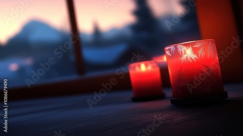 Three elegantly designed red candles rest on rustic wooden surface, softly glowing and revealing patterns. blurred sunset in the background enhances the cozy winter ambiance. photo