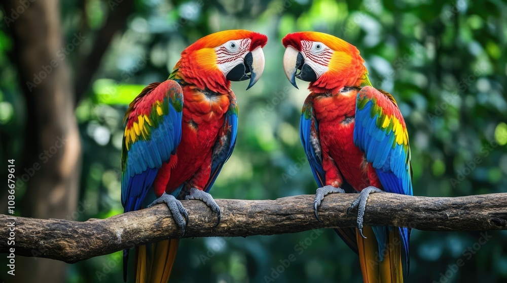 Fototapeta premium Two Scarlet Macaws Perched on a Branch