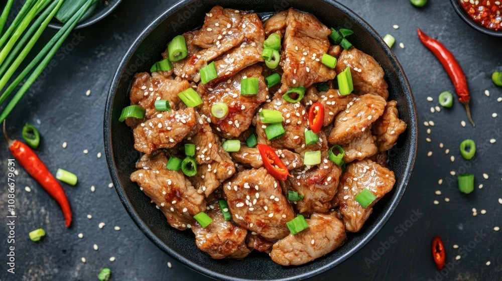 Delicious and Flavorful Stir-Fried Beef with Green Onions and Red Chili Peppers Served in a Black Bowl Surrounded by Garnishes and Sesame Seeds Delicious and Flavorful Stir-Fried Beef with Green Onions and Red Chili Peppers Served in a Black Bowl Surrounded by Garnishes and Sesame Seeds