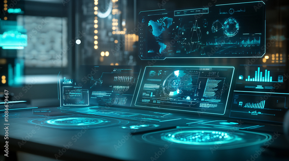 Futuristic office desk with holographic interfaces, glowing in soft blues and greens, showcasing advanced data analytics for efficient project management. Futuristic office desk with holographic interfaces, glowing in soft blues and greens, showcasing advanced data analytics for efficient project management.