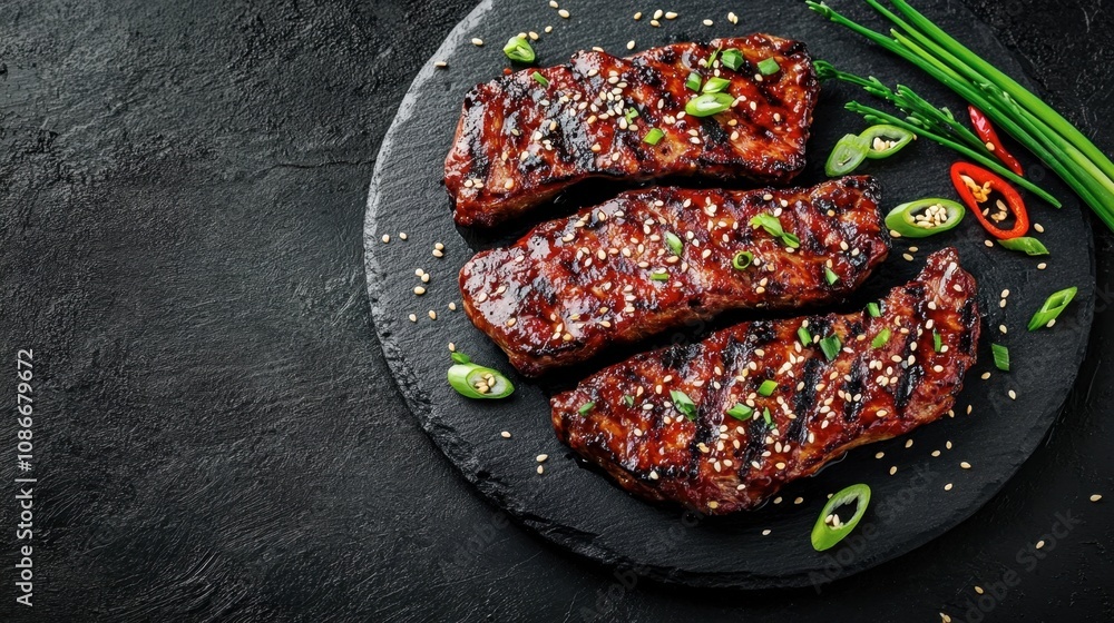 Grilled Beef Steaks with Green Onions and Sesame Seeds Presented on a Rustic Black Slate Plate, Perfect for Culinary Themes and Food Photography Grilled Beef Steaks with Green Onions and Sesame Seeds Presented on a Rustic Black Slate Plate, Perfect for Culinary Themes and Food Photography