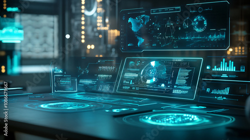 Futuristic office desk with holographic interfaces, glowing in soft blues and greens, showcasing advanced data analytics for efficient project management. 