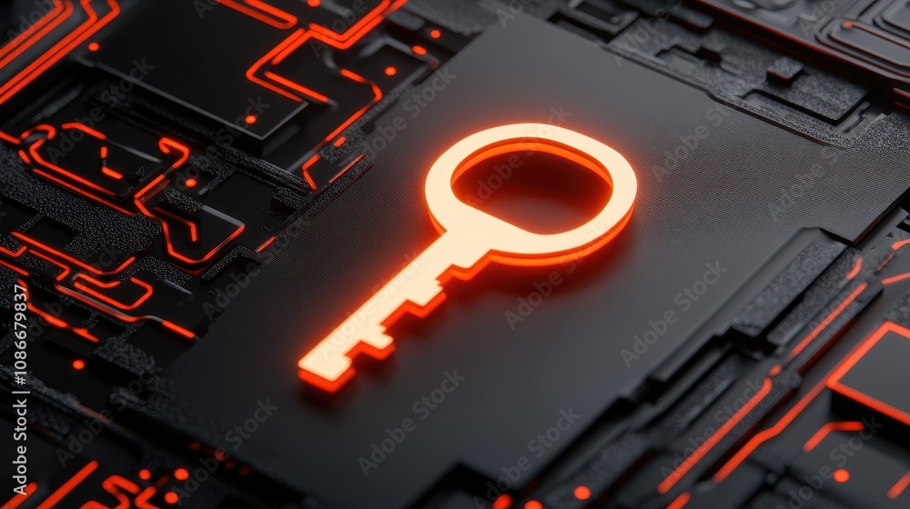 Vibrant orange digital key stands out against dark, circuit background, symbolizing cybersecurity. ideal for it security, blockchain, and digital innovation projects. Vibrant orange digital key stands out against dark, circuit background, symbolizing cybersecurity. ideal for it security, blockchain, and digital innovation projects.
