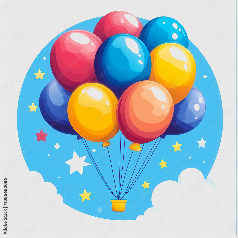 Naklejka premium Colorful Balloons Floating in a Blue Sky with Stars and Clouds, Perfect for Celebrations, Parties, and Joyful Moments in a Cheerful Cartoon Style