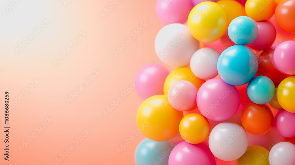 Colorful Abstract Arrangement of Glossy Balls in Soft Pastel Tones on Peach Background, Perfect for Vibrant and Playful Design Projects Colorful Abstract Arrangement of Glossy Balls in Soft Pastel Tones on Peach Background, Perfect for Vibrant and Playful Design Projects