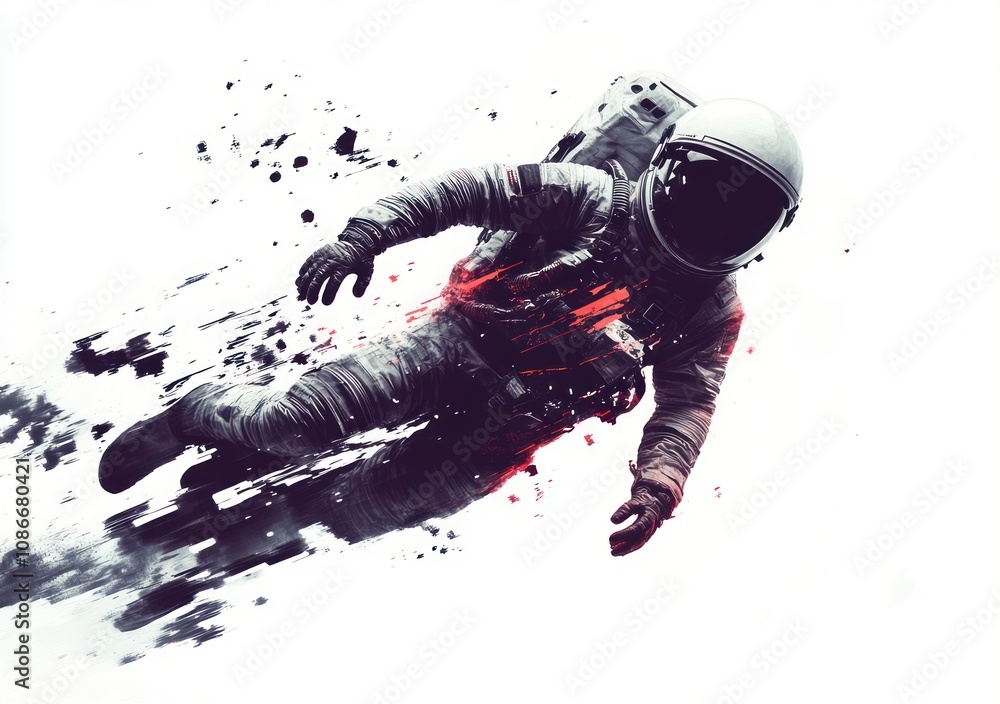 An astronaut appears to be drifting through space, surrounded by abstract splashes of color. An astronaut appears to be drifting through space, surrounded by abstract splashes of color.