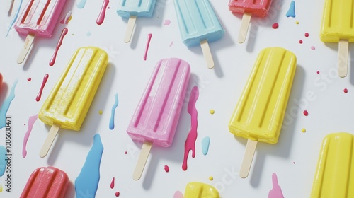 Colorful Popsicles in Various Shades Arranged on a White Surface with Bright Paint Splashes Creating a Fun and Vibrant Summer Treat Scene