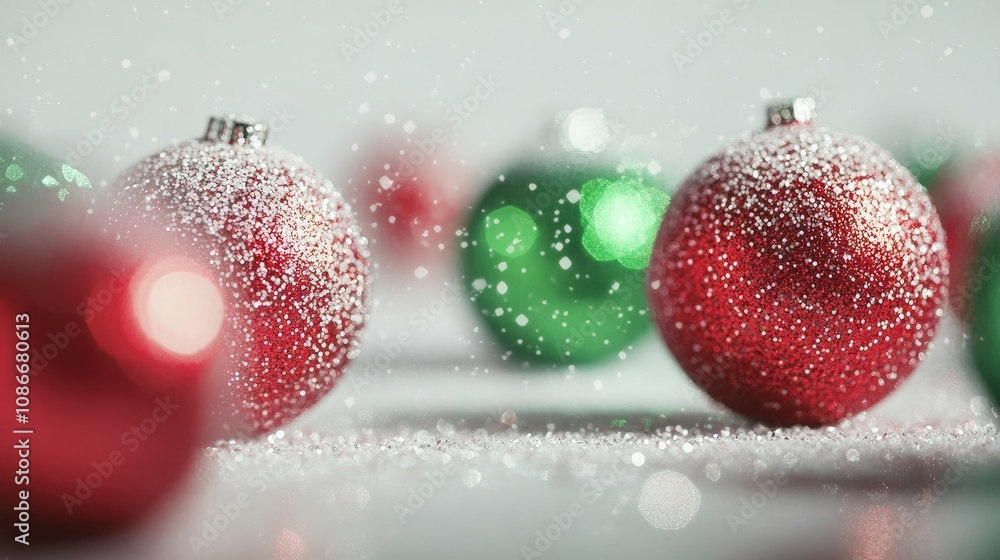 Glittering Red and Green Christmas Ornaments Surrounded by Sparkling Snowflakes on a Bright Background Perfect for Holiday Decor and Seasonal Celebrations Glittering Red and Green Christmas Ornaments Surrounded by Sparkling Snowflakes on a Bright Background Perfect for Holiday Decor and Seasonal Celebrations