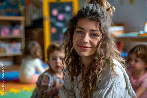 Generative AI Teacher Smiling in Kindergarten Classroom with Children