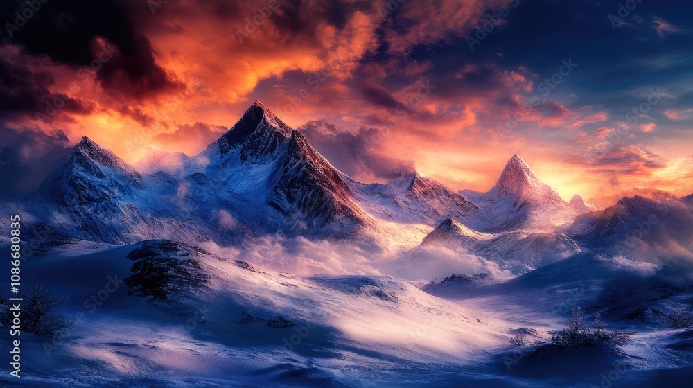 Majestic snow-covered mountains bathed in vibrant sunset hues, set against a tranquil winter landscape with swirling clouds and soft, undisturbed snow. Majestic snow-covered mountains bathed in vibrant sunset hues, set against a tranquil winter landscape with swirling clouds and soft, undisturbed snow.