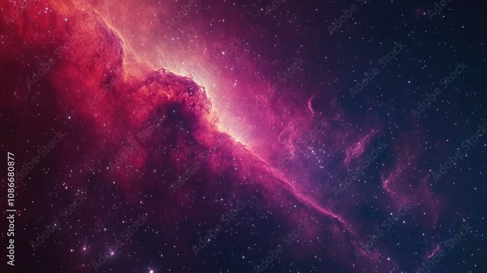 Fototapeta premium Vivid cosmic nebula with deep hues of pink and purple, showcasing stellar formations against a star-studded galaxy backdrop. Ideal for a stunning night sky wallpaper.