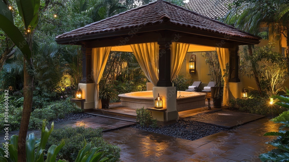 Fototapeta premium Serene Outdoor Spa Retreat with Cozy Ambiance Surrounded by Lush Greenery and Soft Lighting Creating a Tranquil Oasis for Relaxation and Rejuvenation