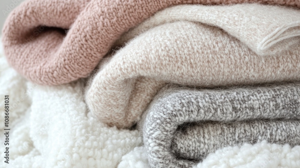 Soft Knitted Sweaters Stacked High in Neutral Tones Soft Knitted Sweaters Stacked High in Neutral Tones