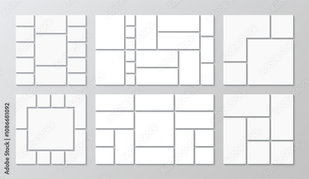 Geometric background grids set. Portfolio images forms layout. Album brandboard gallery banner. Photo collage template collection. Mosaic pictures presentation. Moodboard. Vector illustration Geometric background grids set. Portfolio images forms layout. Album brandboard gallery banner. Photo collage template collection. Mosaic pictures presentation. Moodboard. Vector illustration