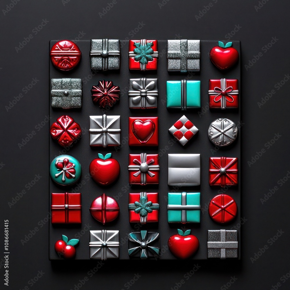 Fototapeta premium Square arrangement of small, festive icons on Black background in Cherry Red, Silver, and Ice Blue with Soft Black shadows and Cool Gray emboss
