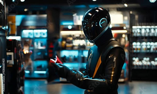 Wallpaper Mural A futuristic figure wearing a black helmet and gloves, looking at a glowing device in a store, surrounded by shelves filled with colorful items. Torontodigital.ca
