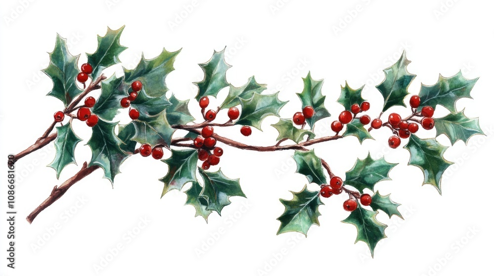 Fototapeta premium Vibrant holly branch with glossy green leaves and bright red berries, perfect for festive decorations and holiday themes.