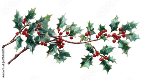 Vibrant holly branch with glossy green leaves and bright red berries, perfect for festive decorations and holiday themes.