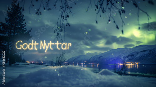 Traditional Nordic New Year with Godt Nyttår in runic style 3D text over a snowy fjord shimmering aurora in the sky photo