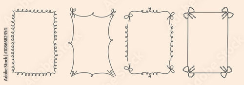 Hand Drawn frame set with doodle bows, ribbons. Whimsical line borders for birthday, christmas, wedding Invitations. Coquette bow set. Vintage minimalist elements in trendy line art style. Vector illu