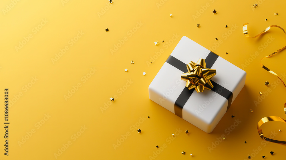 Elegant White Gift Box with Black Ribbon and Golden Bow on Bright Yellow Background Surrounded by Stars and Festive Ribbons Ideal for Celebrations and Special Occasions Elegant White Gift Box with Black Ribbon and Golden Bow on Bright Yellow Background Surrounded by Stars and Festive Ribbons Ideal for Celebrations and Special Occasions