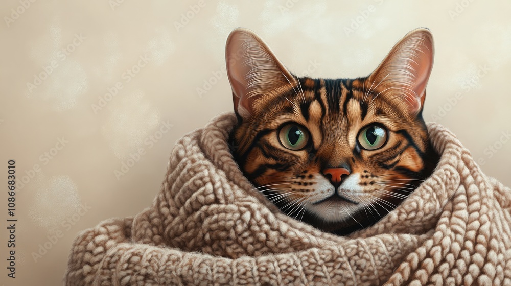 Bengal cat snuggled in a soft knitted sweater, showcasing striking green eyes against a warm, light backdrop. Bengal cat snuggled in a soft knitted sweater, showcasing striking green eyes against a warm, light backdrop.