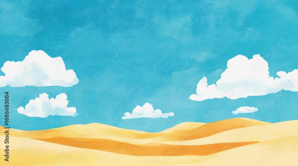 Vibrant minimalist landscape showcasing golden sand dunes under a vivid blue sky with fluffy white clouds drifting peacefully. Vibrant minimalist landscape showcasing golden sand dunes under a vivid blue sky with fluffy white clouds drifting peacefully.