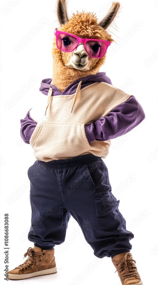 A stylish llama wearing sunglasses and casual clothing, posing confidently. A stylish llama wearing sunglasses and casual clothing, posing confidently.