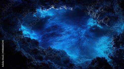 Aerial view of vibrant blue lagoon revealing intricate coral formations and sparkling waters beneath a rocky surface