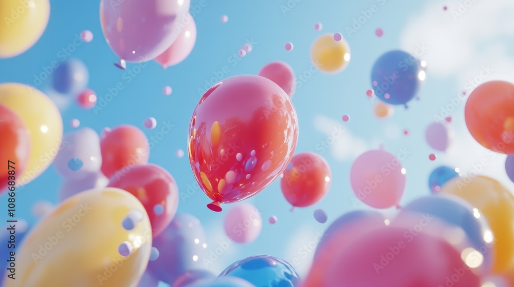 Vibrant and playful close-up of colorful balloons in various shades, floating serenely against a bright blue sky with fluffy clouds. Vibrant and playful close-up of colorful balloons in various shades, floating serenely against a bright blue sky with fluffy clouds.
