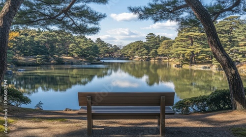 Serene Landscape with Tranquil Lake and Scenic Park Bench Surrounded by Lush Greenery and Majestic Trees Beneath a Clear Blue Sky