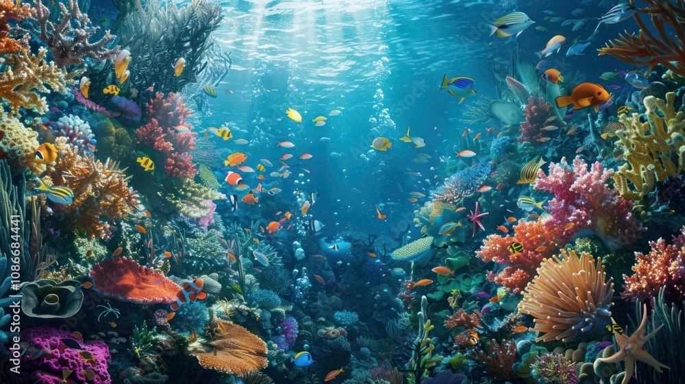 Fototapeta premium A vibrant underwater coral reef teeming with diverse marine life, including colorful fish, crustaceans, and other sea creatures, creating a thriving ecosystem beneath the ocean's surface.