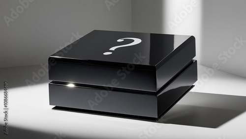 sleek black box with question mark, symbolizing mystery and curiosity. glossy surface reflects light, enhancing its modern design