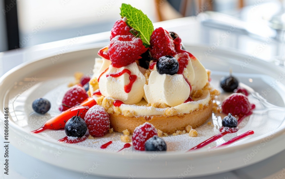 Elegant white plate dessert topped with fresh berries, raspberries, and mint, perfect for fine dining, wedding parties, bakery menus, and lifestyle magazines Elegant white plate dessert topped with fresh berries, raspberries, and mint, perfect for fine dining, wedding parties, bakery menus, and lifestyle magazines