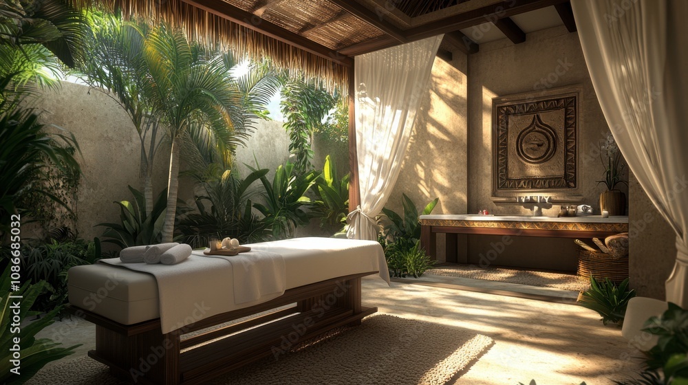 Tranquil Spa Environment with Natural Elements, Soothing Ambiance, Relaxation Space Featuring Massage Bed Surrounded by Lush Greenery, Calming Water Features and Serene Decor Tranquil Spa Environment with Natural Elements, Soothing Ambiance, Relaxation Space Featuring Massage Bed Surrounded by Lush Greenery, Calming Water Features and Serene Decor
