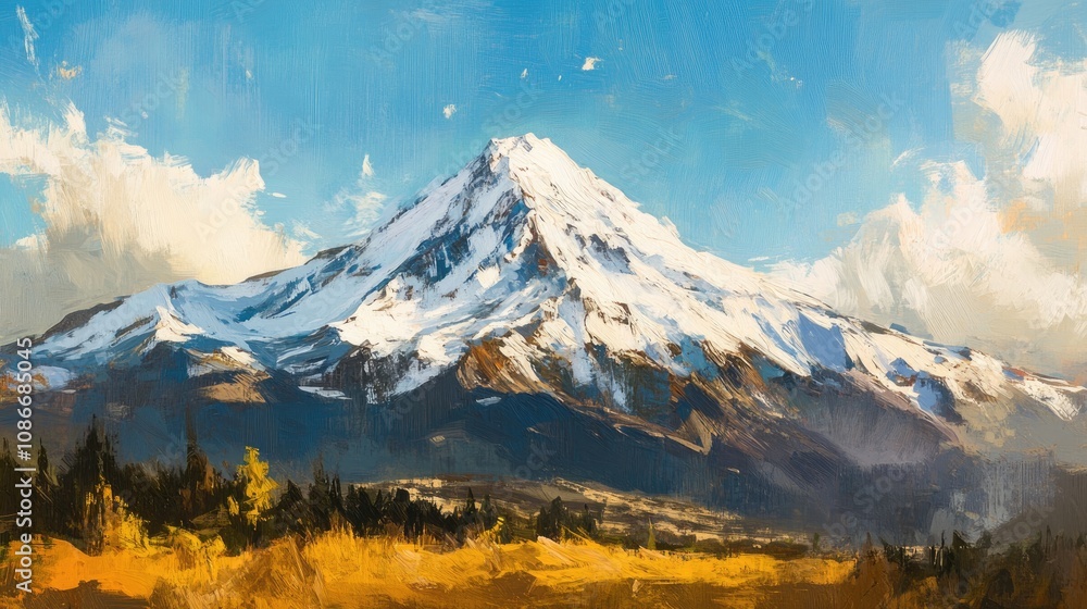 Majestic snow-capped mountain peak under a bright blue sky, surrounded by lush greenery and golden fields in the foreground. Majestic snow-capped mountain peak under a bright blue sky, surrounded by lush greenery and golden fields in the foreground.