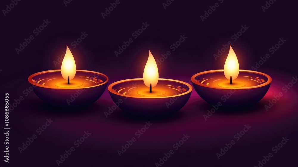 Vibrant oil lamps glowing with flickering flames on a rich purple background, capturing the essence of traditional festival celebrations and Rangoli elements. Vibrant oil lamps glowing with flickering flames on a rich purple background, capturing the essence of traditional festival celebrations and Rangoli elements.