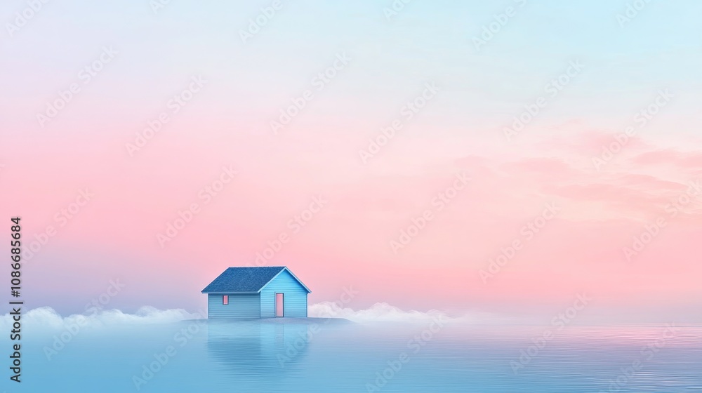 Seaside cabin on serene waters under a pastel pink and blue gradient sky, surrounded by soft mist for a tranquil, minimalistic atmosphere. Seaside cabin on serene waters under a pastel pink and blue gradient sky, surrounded by soft mist for a tranquil, minimalistic atmosphere.
