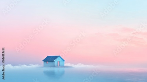 Seaside cabin on serene waters under a pastel pink and blue gradient sky, surrounded by soft mist for a tranquil, minimalistic atmosphere.