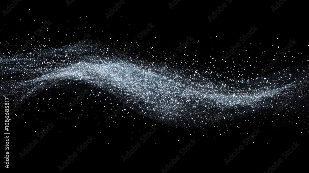 Digital abstract wave of sparkling particles illustrating a disintegration effect, ideal for representing data anomalies in a sleek, modern aesthetic. Digital abstract wave of sparkling particles illustrating a disintegration effect, ideal for representing data anomalies in a sleek, modern aesthetic.