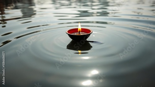 A detailed shot of a Diwali lamp submerged in the Ganges River, its glassy surface reflecting the surrounding water and sky, watery, light, buoyancy photo