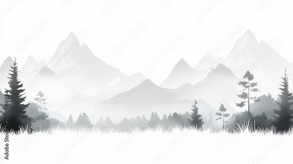 Fototapeta premium Serene monochromatic mountain landscape with misty trees and distant peaks.