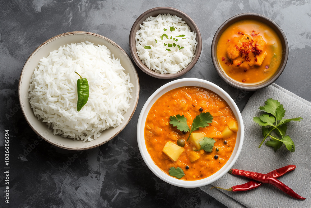 Plates of plain white boiled rice, bowls of curry and lentil soup on a modern dark table, all these are South Asian dish, top view photo Plates of plain white boiled rice, bowls of curry and lentil soup on a modern dark table, all these are South Asian dish, top view photo